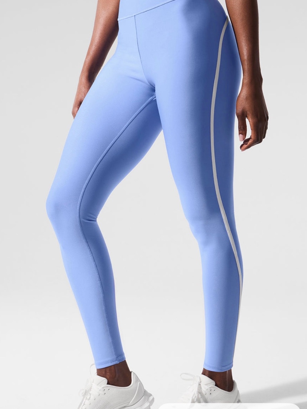 ALO Yoga Periwinkle High-Rise Leggings with White Side Stripe and Sport bra